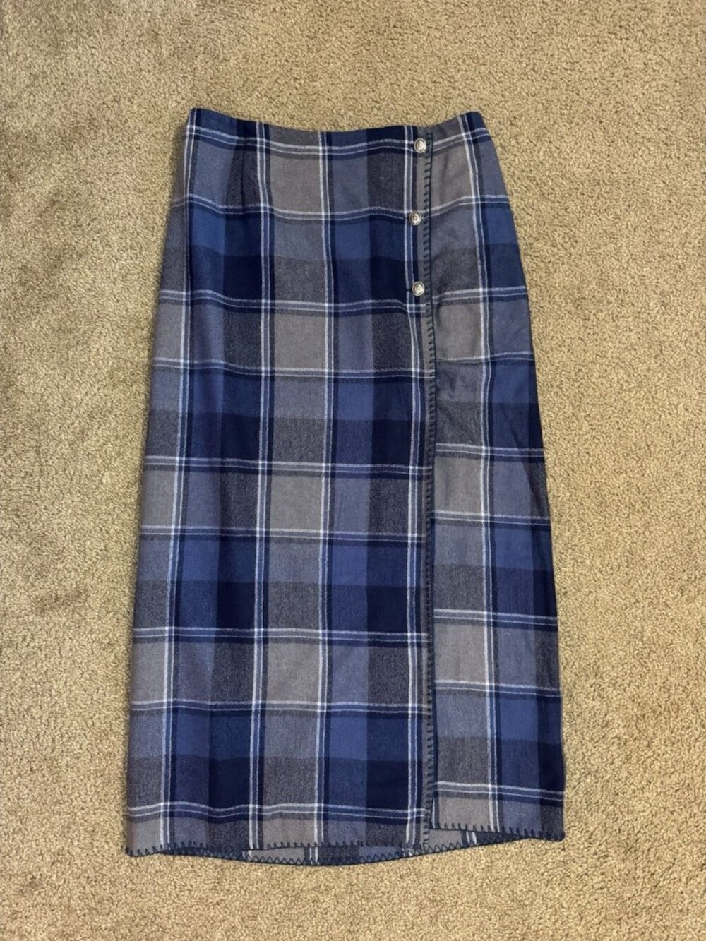 VTG Womens Wool Blend Blue Plaid Wrap Maxi Skirt Sz 12 Boho Chic Hippie Country - Picture 2 of 11